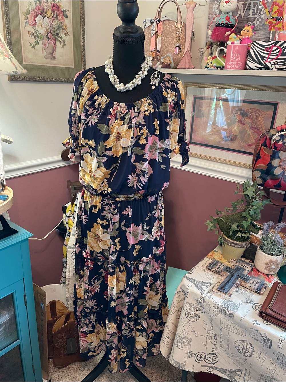 Navy Floral Tiered Maxi Dress with Puff Sleeves by joie de vivre